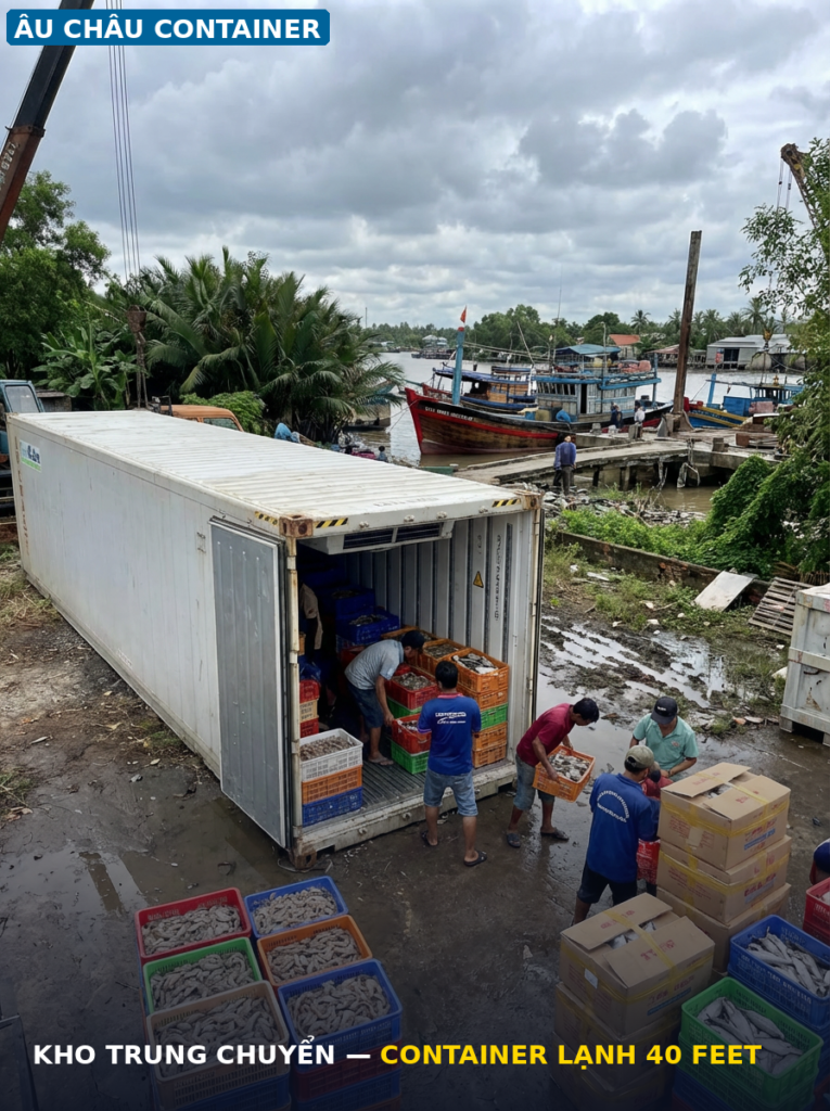 container lạnh 40 feet kho trung chuyển thủy sản tôm cá Cà Mau Kiên Giang TP.HCM