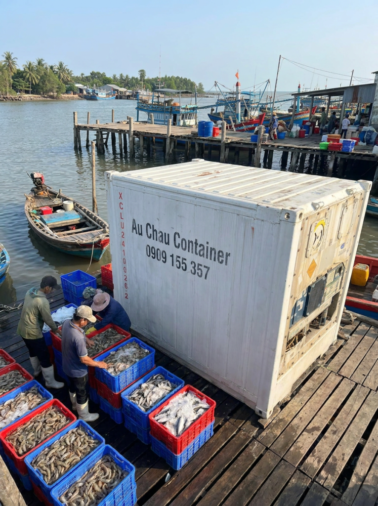 container lạnh cấp đông thủy hải sản tại vựa cá Cà Mau Sóc Trăng