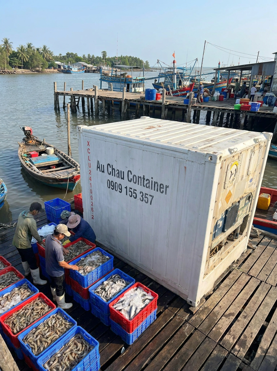 container lạnh cấp đông thủy hải sản tại vựa cá Cà Mau Sóc Trăng